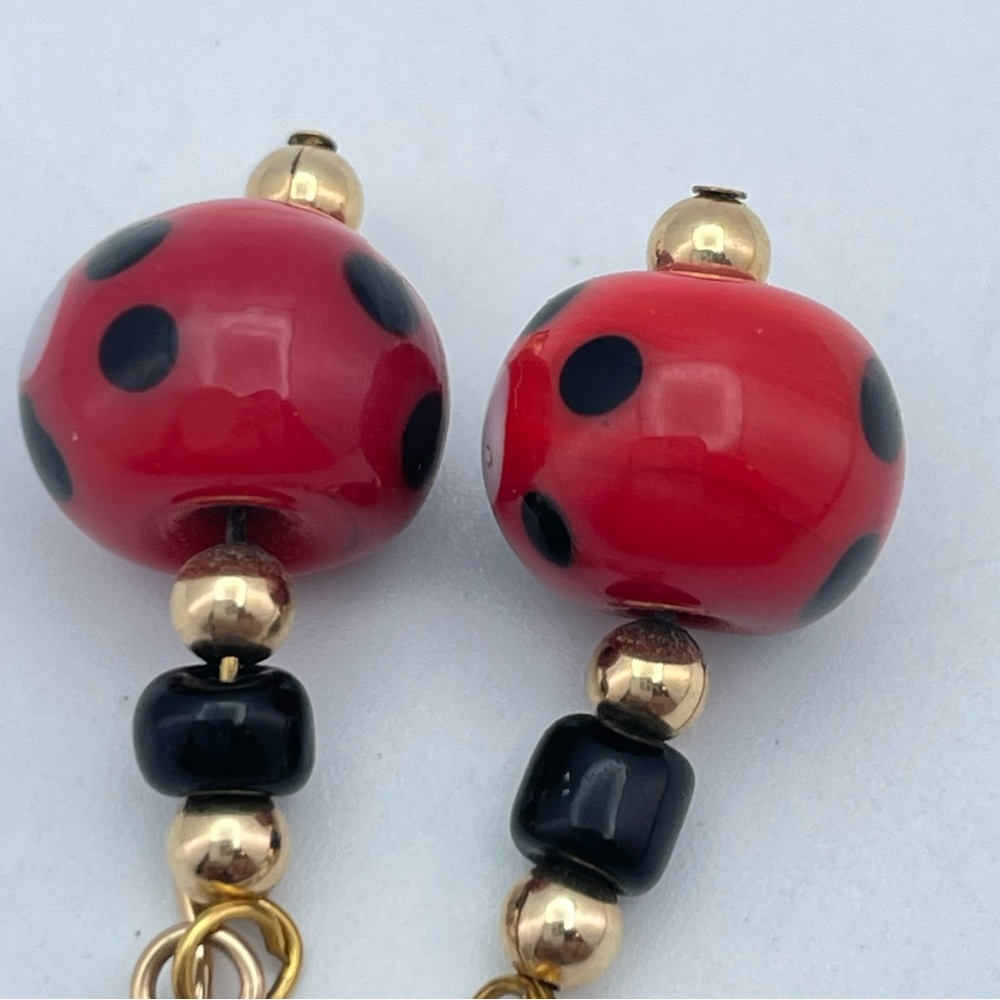 Handmade Ladybug Dangle Earrings – Red & Black Glass Beads, Gold Hooks - Picture 2 of 5